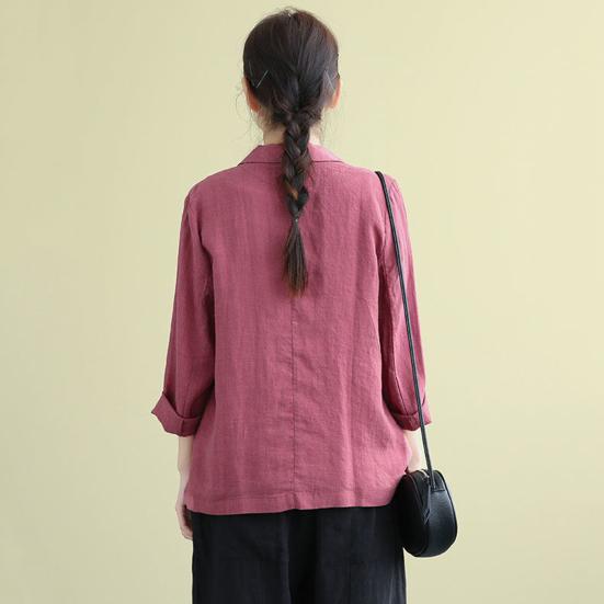 Cotton Linen Coat for Women Vintage Long Sleeve Blazer Jacket Casual Lapel 2 Buttons Thin