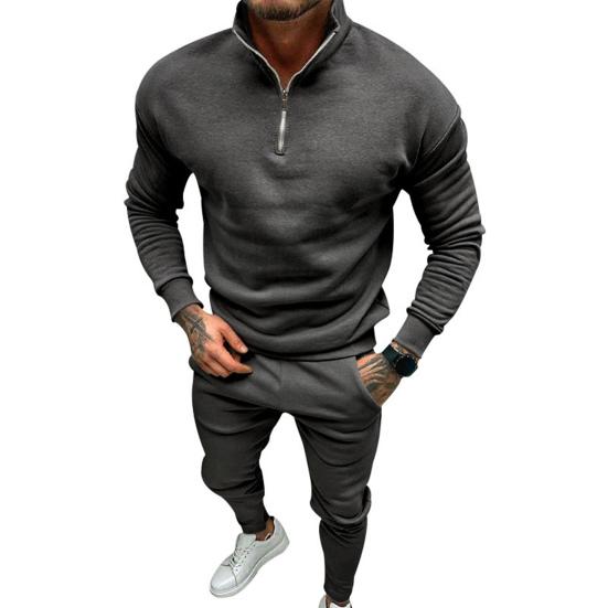 2 Pcs/Set Men Top Pants Suit Half-high Collar Long Sleeve Solid Color Soft Elastic Waist Zipper Thick Warm Pockets Men Winter Tracksuit Sweatshirt