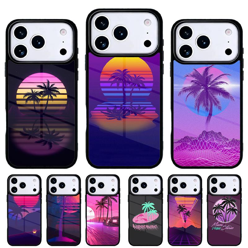 80s Retrowave Neon Palms Tree Phone Case for iPhone 17 16 15 14 13 Pro Max Back Cover for 12 11 Pro Coque