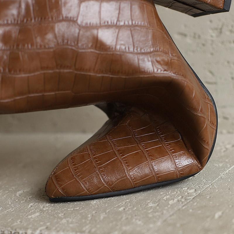 Women's High-heeled Short Boots Autumn and Winter New Solid Color Crocodile Pattern Thick Heel Large Size Pointed Short Boots