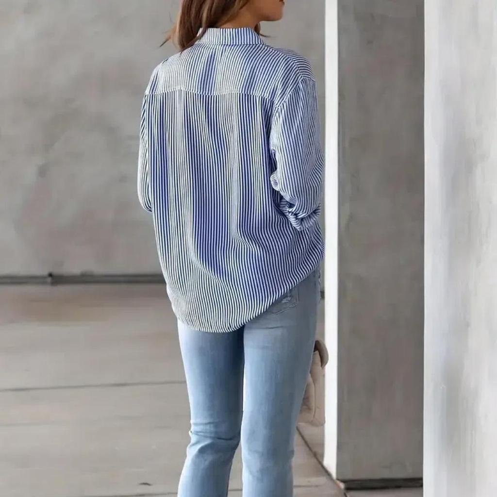 Шикарная рубашка с длинным рукавом в полоску - Женская повседневная одежда с карманом и застежкой на пуговицах спереди. Идеально для повседневной носки.