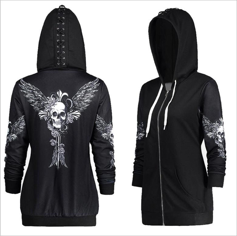 Women's Fashion Hoodie Laced Jacket with Skull Print In Gothic Punk Style with Long Sleeves On Lightning Hoodie