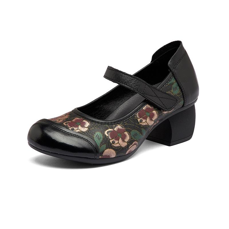 Ethnic Style Women's Shoes Thick Heel Soft Bottom Single Shoes Cowhide Non-slip Wear-resistant Leather Shoes