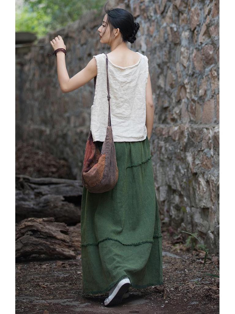 Женская повседневная юбка миди из рами, хлопка и льна: Выстиранный песком, Универсальный для дома или путешествий, Идеально подходит для весны и лета