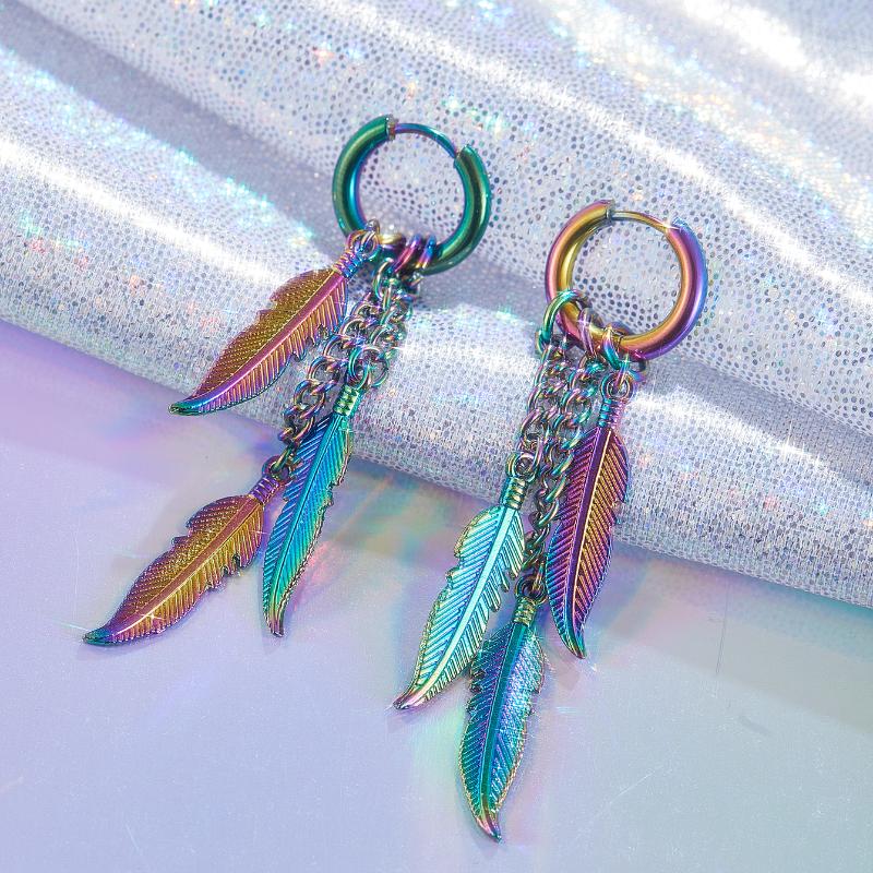Punk Hip-hop Trend Creative Stainless Steel Colored Feather Pendant Earrings Ladies Men Fashion Party Zircon Gift Accessories