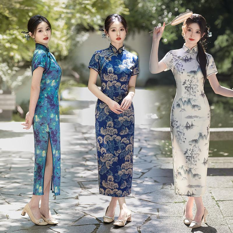 1011 New Chinese style national style spring and summer new cheongsam dress temperament satin dress cheap performance clothes