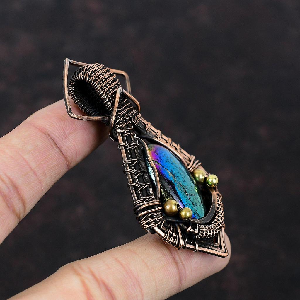 Кулон Mystic Fire Labradorite, подвеска из медной проволоки, подвеска ручной работы, антикварное медное украшение, подвеска из натурального драгоценного камня, подарок на помолвку