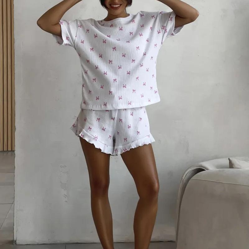 Женские Повседневные Шорты с Принтом Бантов, Короткий Рукав, Кружевная Отделка, Удобный Домашний Пижамный Комплект