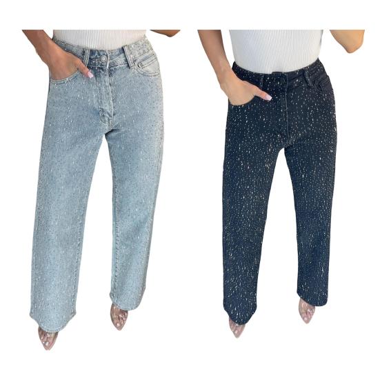 Джинсы с искусственным жемчугом для женщин, с высокой посадкой, прямые, стрейч, из денима, повседневные, широкие, с бисером, мешковатые