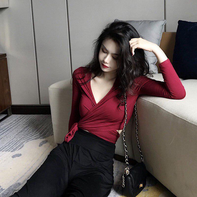 Sexy Slim V-neck Wrapped Women's Crop Tops Novel Solid Color Long-sleeved T-shirts