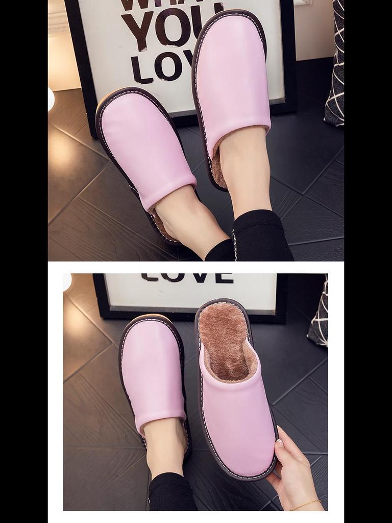 Водонепроницаемые кожаные шлепанцы слипоны с теплой плюшевой подкладкой для пар