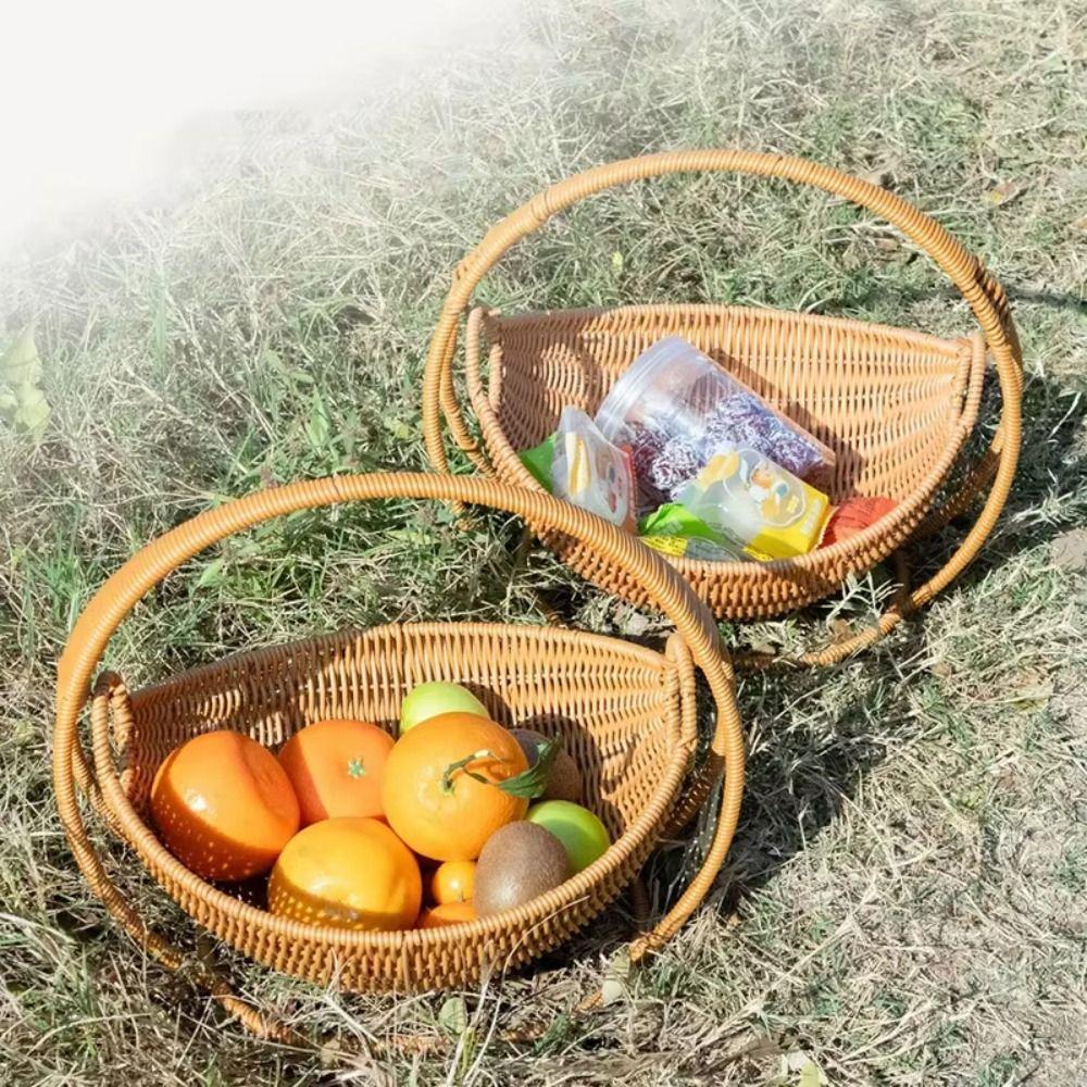 With Handle Woven Storage Basket High Grade Hand Woven Basket Imitation Rattan Basket Home Kitchen