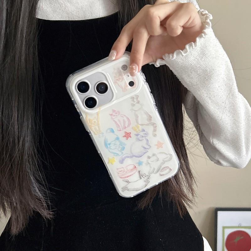 Мультяшный Кот Линейный Рисунок Чехол для Телефона iPhone 13 14 15 16 17 Pro Max Двухслойный Ударопрочный Задний Чехол