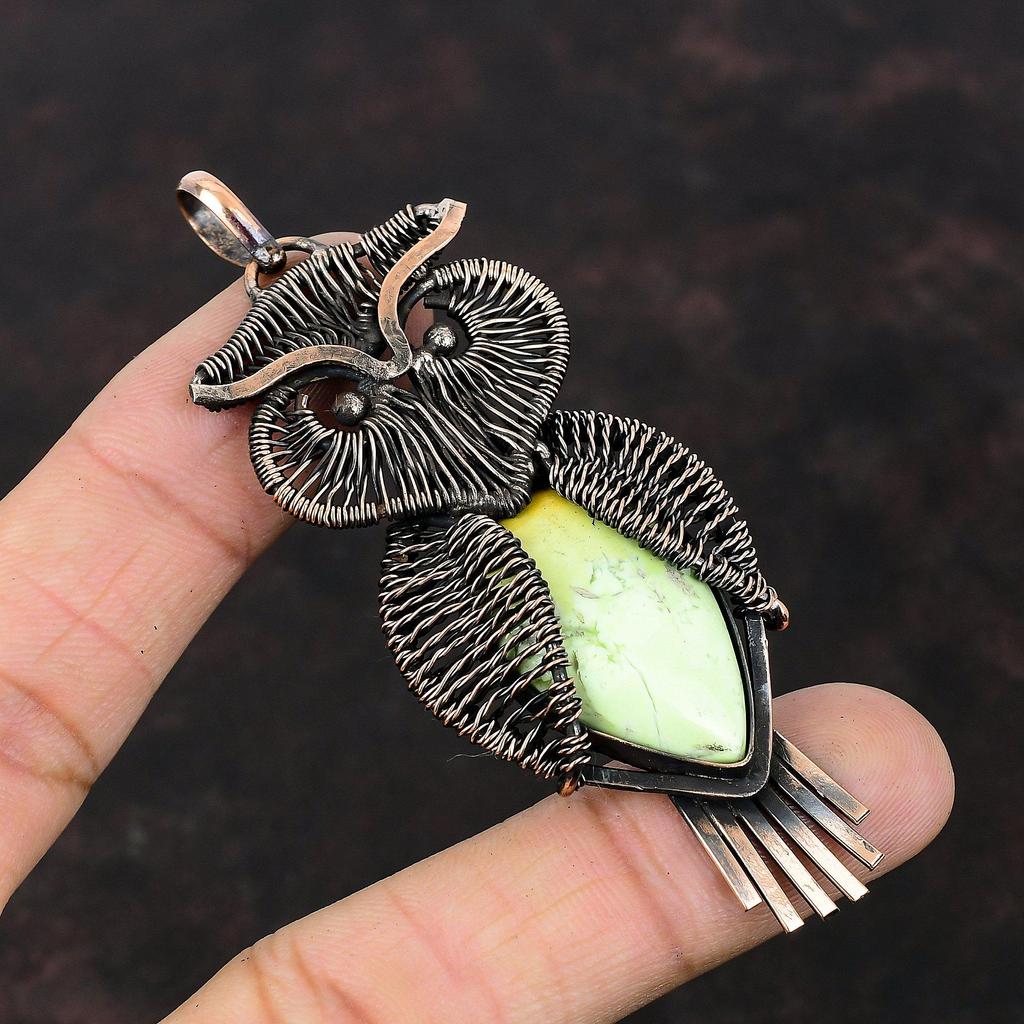 Кулон с лимонным хризопразом, медная проволока, кулон с драгоценным камнем, новейший дизайн, ювелирные изделия, кулон из медной проволоки ручной работы, кулон с совой для подарка