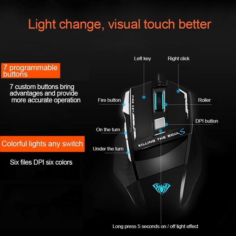 Игровая мышь AULA SoulKiller II Проводная 3500DPI 7 Кнопок RGB Дышащая Подсветка Эргономичная 1000 Гц Частота Опроса Программируемые Мыши