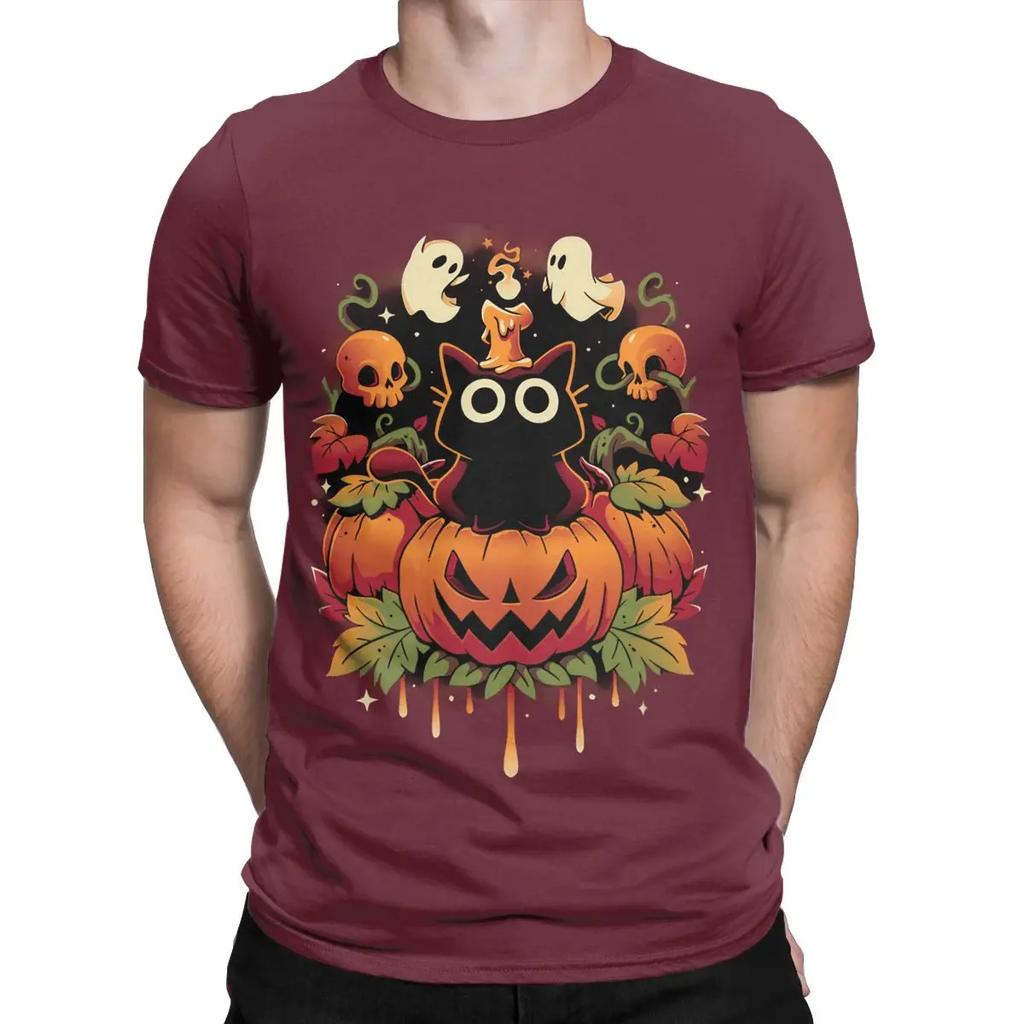 Novelty HALLOWEEN TRICK Black Cat T-Shirts Men Crewneck 100% Cotton T Shirts Cute Ghost Pumpkin Short Sleeve Tees Party Clothing