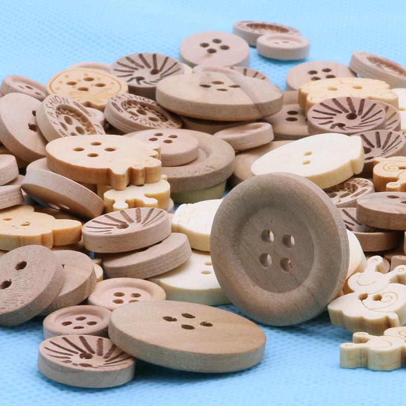 100pcs/lot Mix Shape 2 Holes Natural Color Wooden Pattern Wood Sewing Buttons