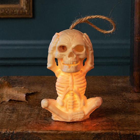 Battery Operated Skull Lamp Halloween Skeleton Decoration with LED Light, Spooky Lighted Plastic Small Atmosphere Prop Ornament Rope for Haunted House