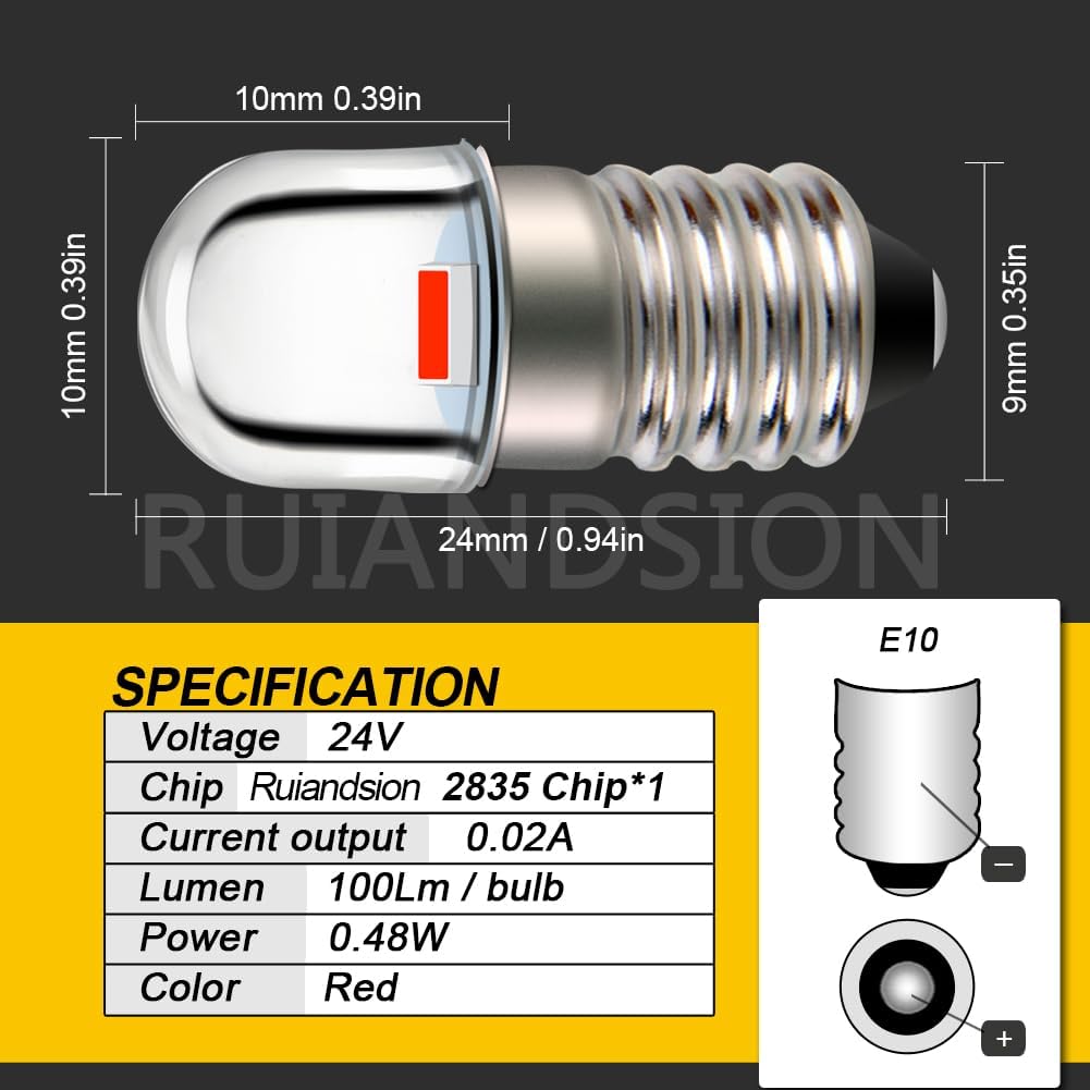 [Набор из 10 шт.] Светодиодная лампа Ruiandsion E10, только 24 В, чип 2835 1SMD, Красный, Высокая яркость, Запасная лампа для автодомов, Шкафов и гостиничного освещения
