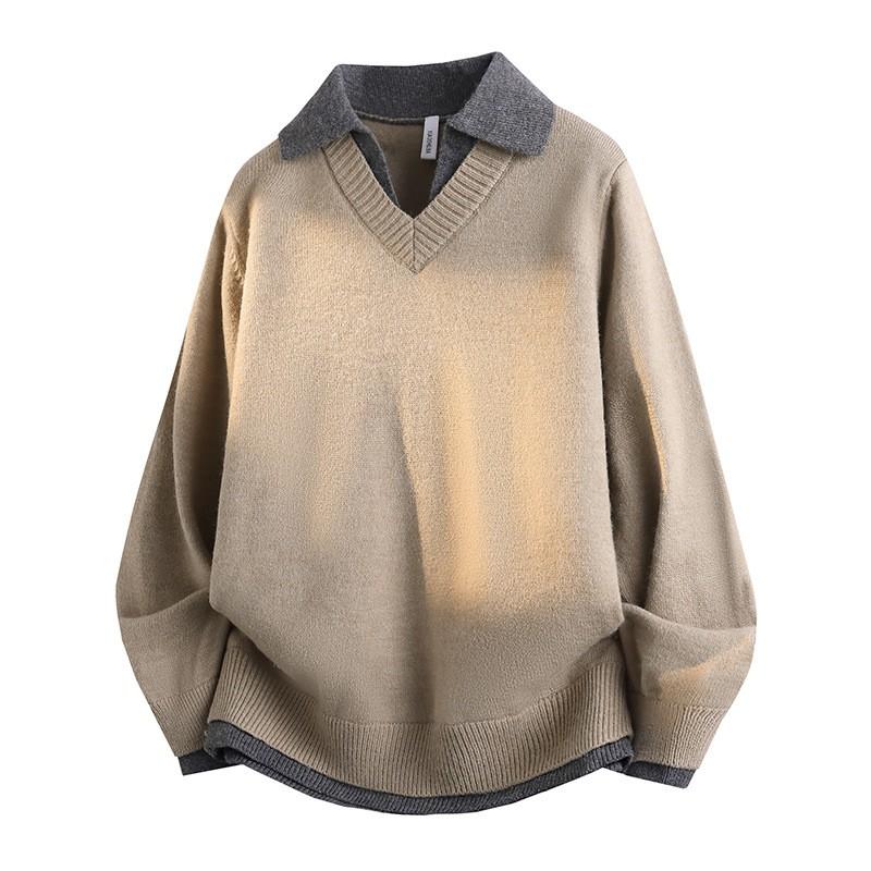 Mens Oversized Knit Sweater 2026 Fall Thick Warm Layered Look Collar Pullover Streetwear Casual Grey Khaki