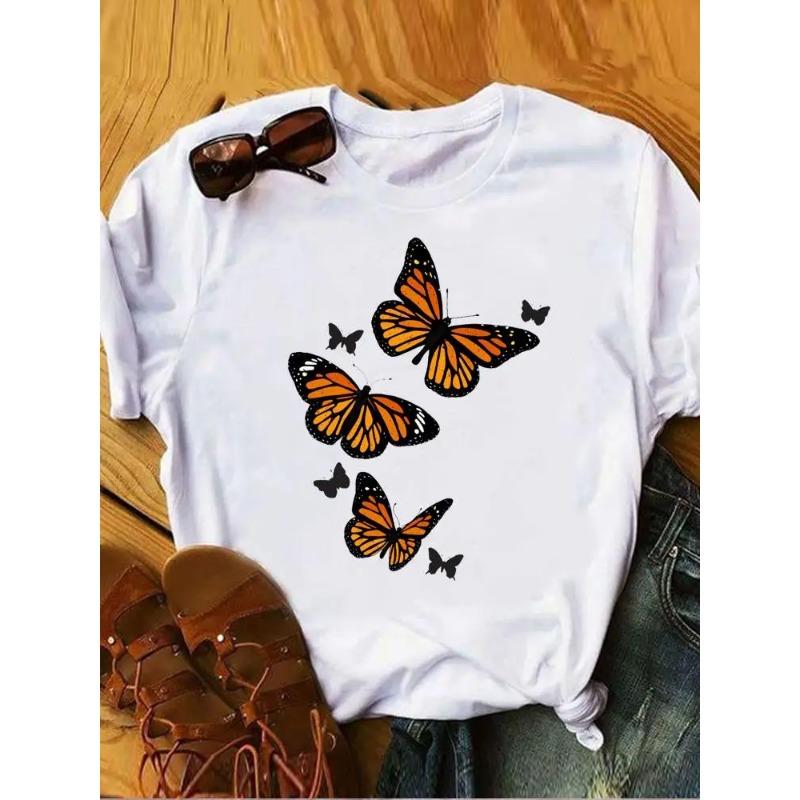 Love Heart Butterfly Trend Summer Clothes Womens Clothing Ladies Print Fashion Tshirts Short Sleeve FeUnisex Graphic Tee Fashion