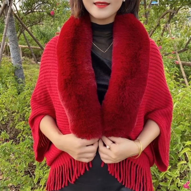 Winter Tassels Poncho Cloak Shawl Oversize Women Warm Faux Fur Collar Knit Cardigans Batwing Wraps Neck Fur Scarves Capes Coat