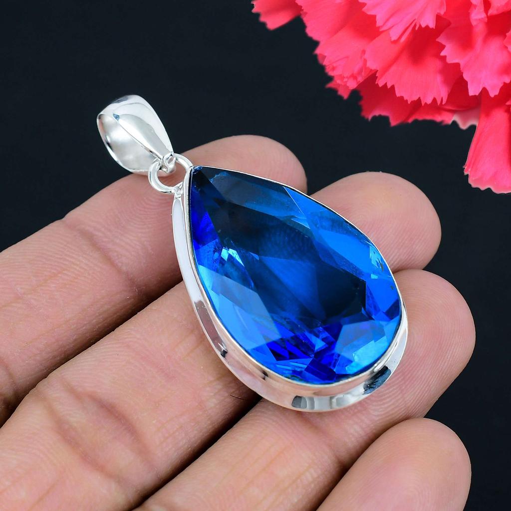 Подвеска из драгоценного камня с синим топазом, твердая подвеска из стерлингового серебра 925 пробы, ювелирный подарок для унисекс