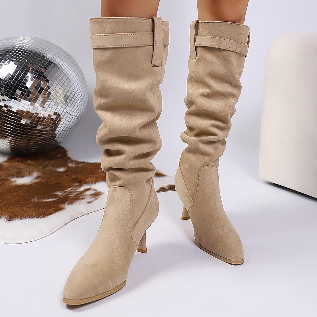 Мода Новый Стиль Мода Женские Сапоги до колена Женские Сапоги Слипоны Современные Сапоги Женские Леопардовые Плиссированные Остроносые Туфли на Тонком Каблуке Женские