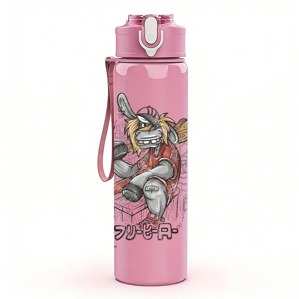 1PC Colorful warrior character graphic print 750ml colorful plastic sports water bottle leakproof pop lid with straw for outdoor office home use