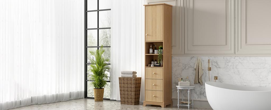 40x30x172cm Bathroom Cabinet, PVC Thermoformed Panel, Vertical Stripe, Three Drawers, One Body, Two Open, Adjustable Shelves, Natural Wood Color.