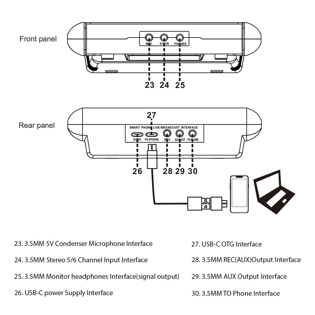 6-канальный аудиомикшер, фантомное питание, 48 В, микшерная консоль OTG, USB-MP3-плеер с записью звука BT