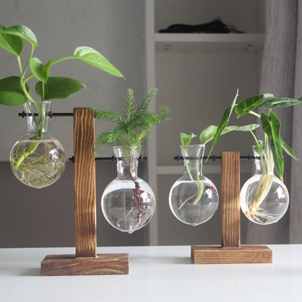 Hydroponic Plant Glass Container Simple And Creative Transparent Vase Wood Frame Design Home Living Room Desktop Decoration