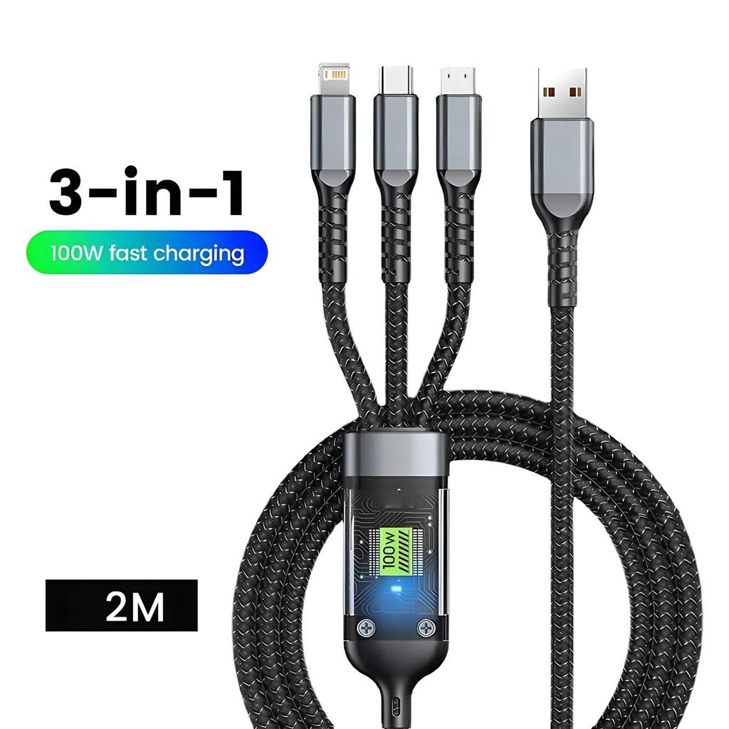 Transparent Luminous 3-in-1 Super Fast Charging Cable 3 In 1 Charging Cable Universal with Type-C Micro for iPhone15 14 13