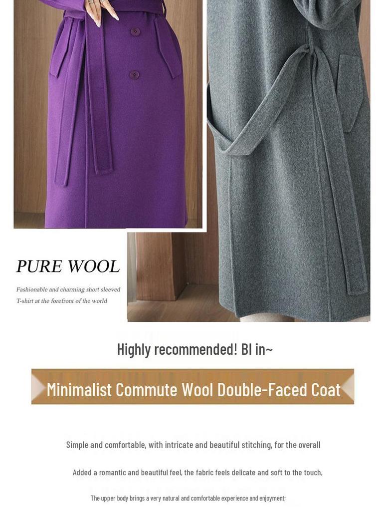 2025 A/W Women's Slimming Double-Faced Cashmere Coat - Korean Style Double-Breasted Wool Overcoat with Suit Collar