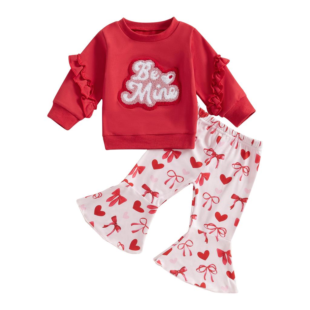 Toddler Girls Valentine's Day Sets Letter Embroidered Ruffled Long Sleeve Sweatshirt Heart Bow Flare Pants 2-Piece Outfits