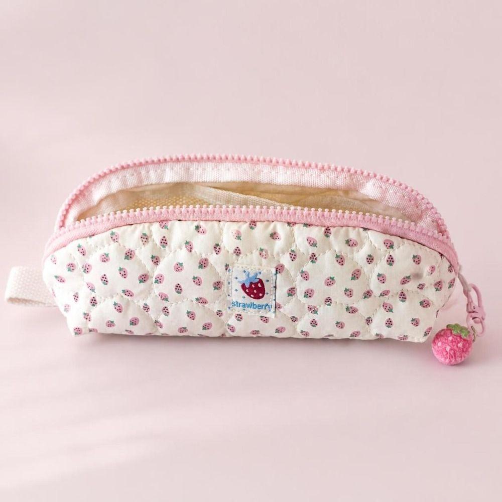 Large Capacity Stationery Bag Pink Strawberry Print Pen Bag Cosmetic Storage Bag School Supplies