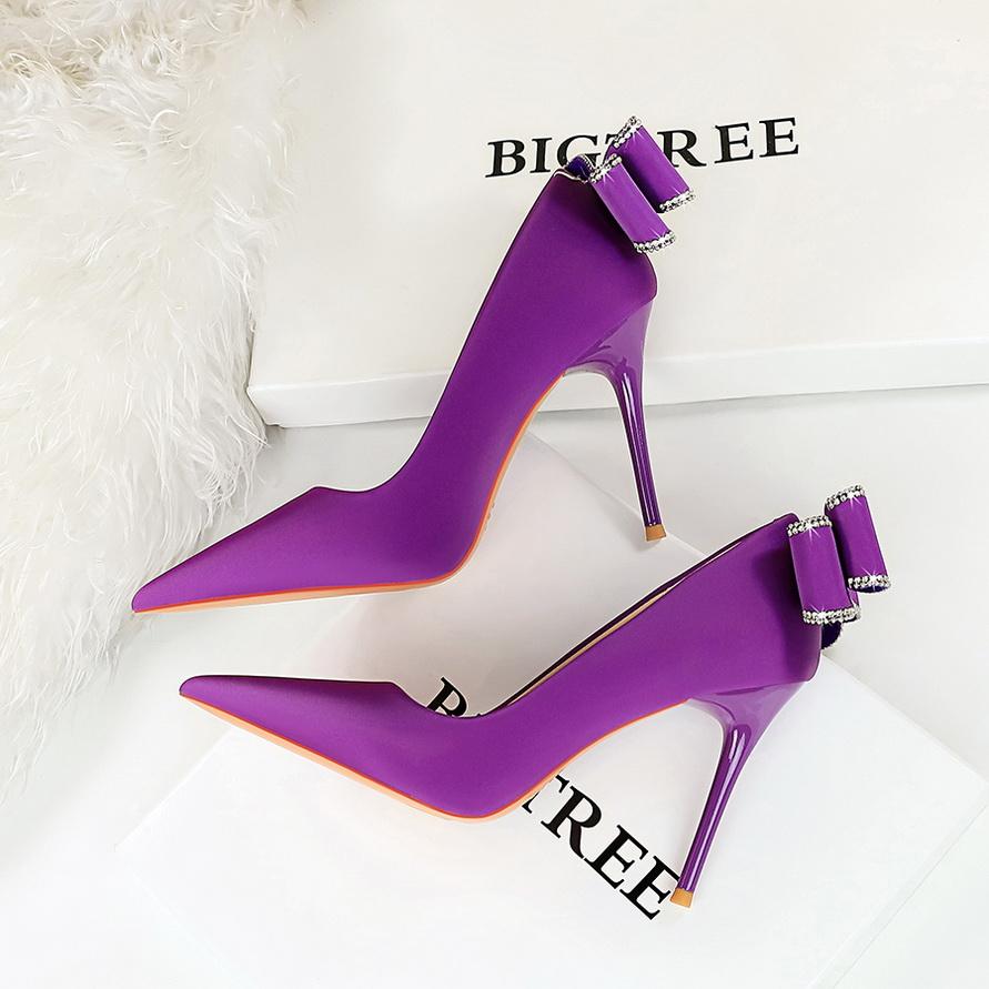 Fashionable Banquet High Heels Slim Heels Women's Shoes Shallow Mouth Pointed Toe, Back Bow Single Shoes