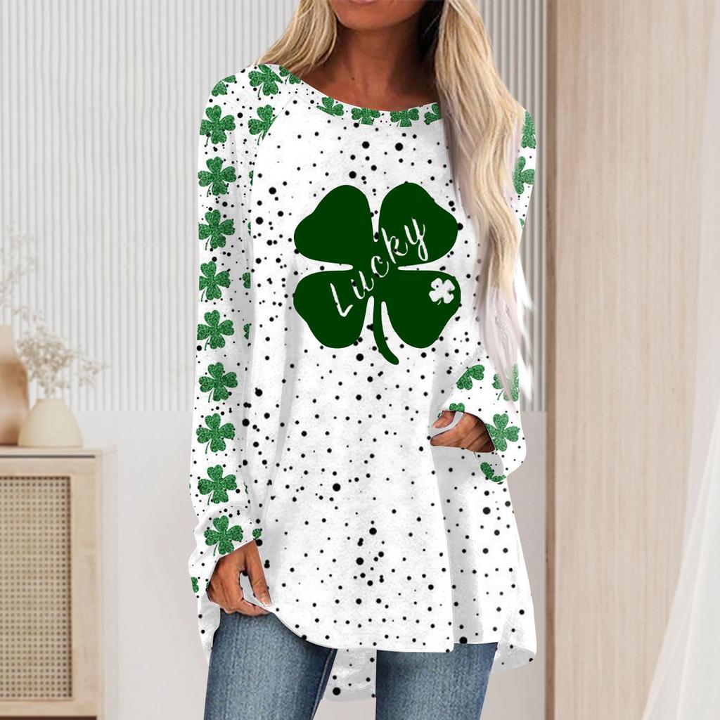 Fashionable Women's Casual Loose Round Neck Long Sleeved Saint Patrick Printed T-shirt Top