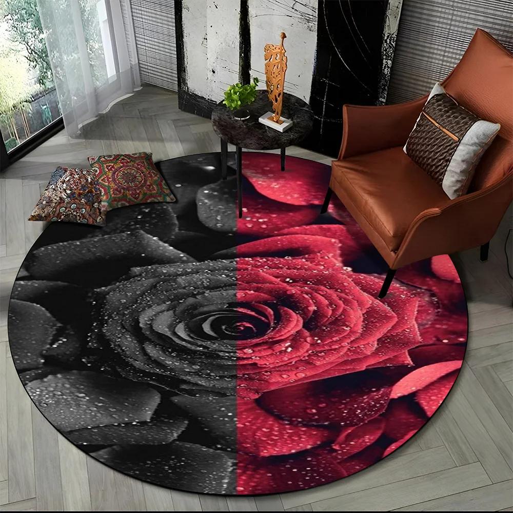 Crystal Velvet Luxury Flower Round Rug – Rose & Daisy Print Nordic Non-Slip Mat for Living Room, Bedroom & Playroom