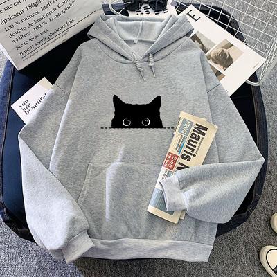 Черный кот Взгляд мультфильм толстовка с капюшоном аниме принт милый свитшот повседневная одежда кавайные пуловеры мягкий удобный топ