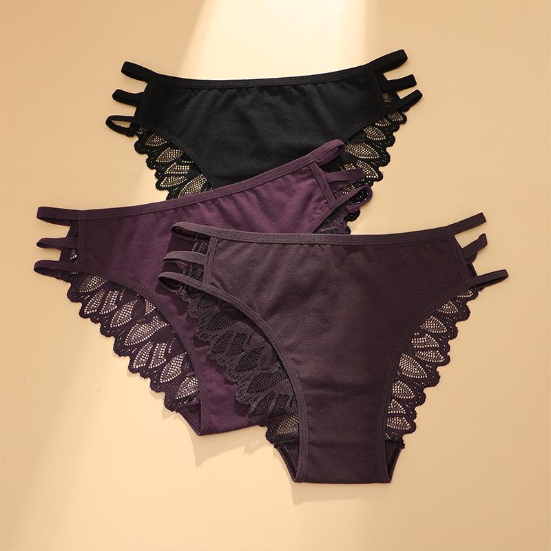 3Pcs Sexy Lady Style Transparent Lace Underwear Women's Straps Panties Seamless Perspective Briefs Low Waisted Triangle Pants