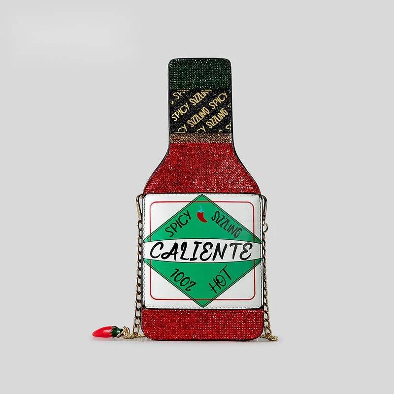 Creative personality glitter chili wine bottle shoulder crossbody bag funny letter chain handbag women's fashion bag