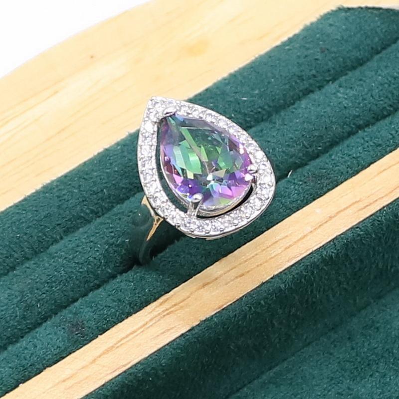 WPAITKYSWater Drop Радужный топаз, серебро 925 пробы, свадебный комплект ювелирных изделий для женщин, вечерние браслет, серьги, ожерелье, кулон, кольцо