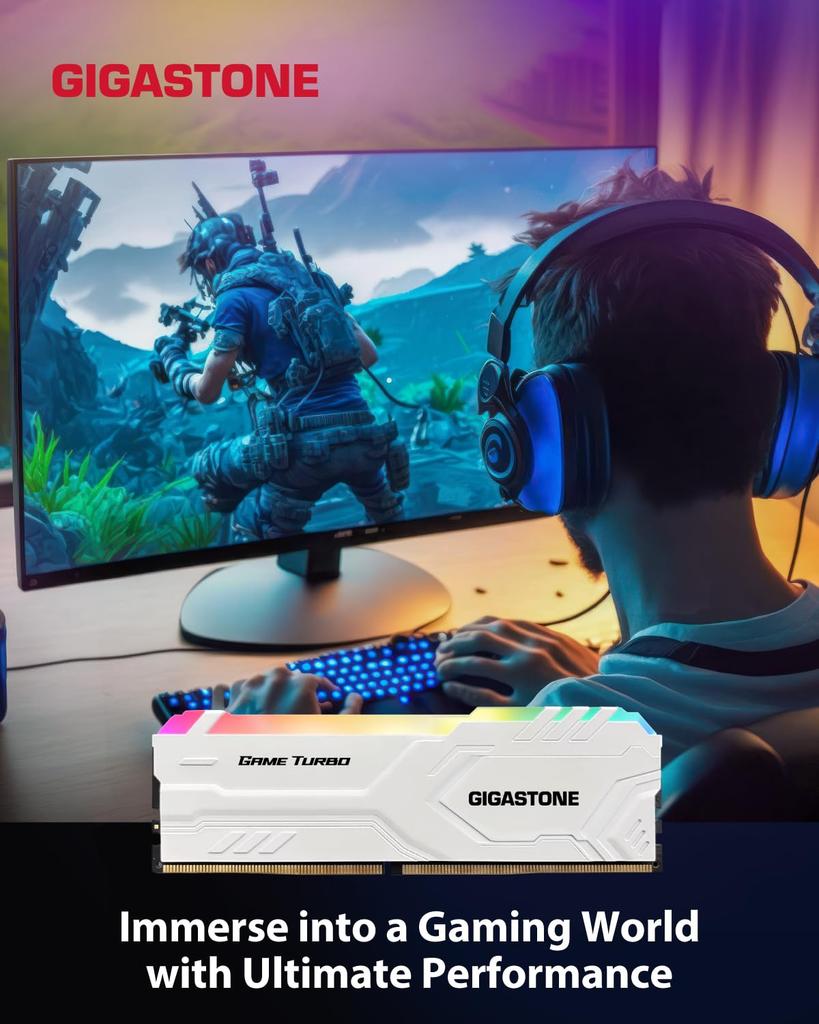 GIGASTONE Game TURBO 8 ГБ x 4 DDR4 3200 МГц CL Intel XMP AMD Ryzen UDIMM Небуферизованный Игровой Модуль Памяти для Настольного ПК Белый (Комплект 32 ГБ) PC4-25600 16-18-18-40