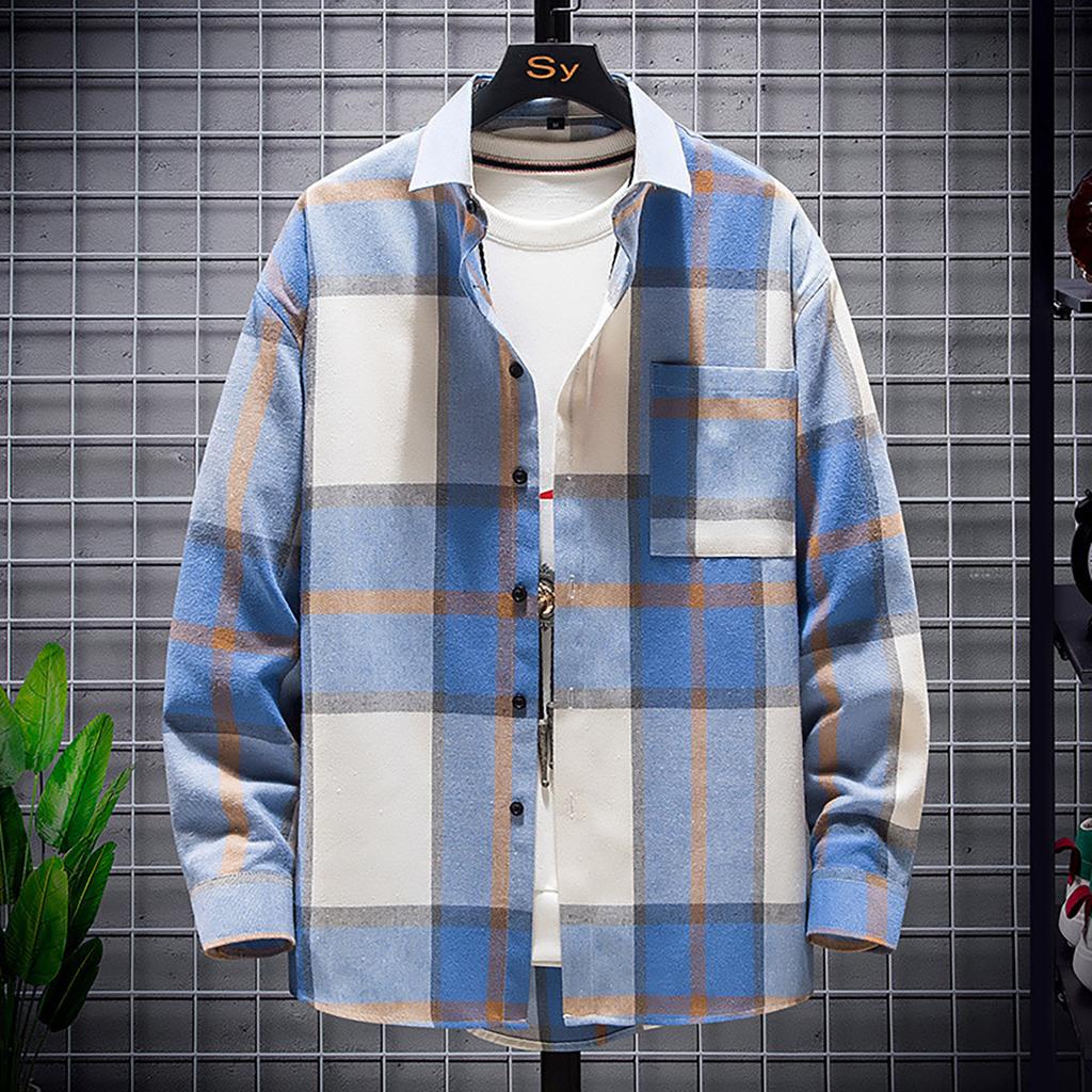 Mens Plaid Shirt, Comfortable Mix Color Button Down Plaid Shirt, Casual Long Sleeve Single-breasted T-Shirt Mens Top