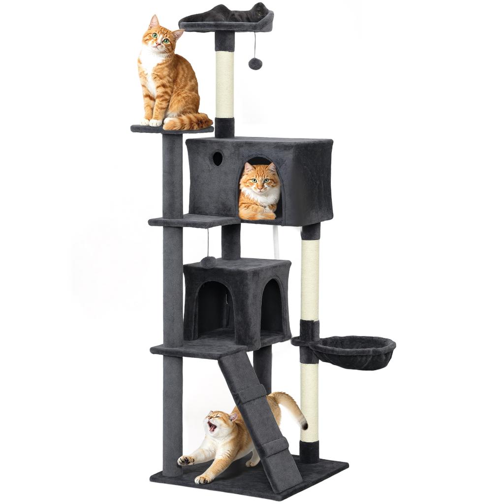180cm Large Cat Tree Tower With Sisal Scratching Posts Condos Plush Perches Hammock Ladder Dark Grey