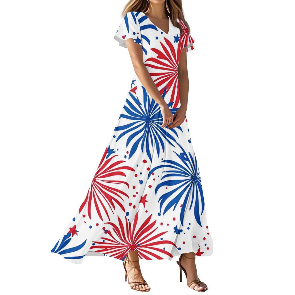 Женские повседневные модные платья с принтом ко Дню независимости, платья с коротким рукавом и V-образным вырезом