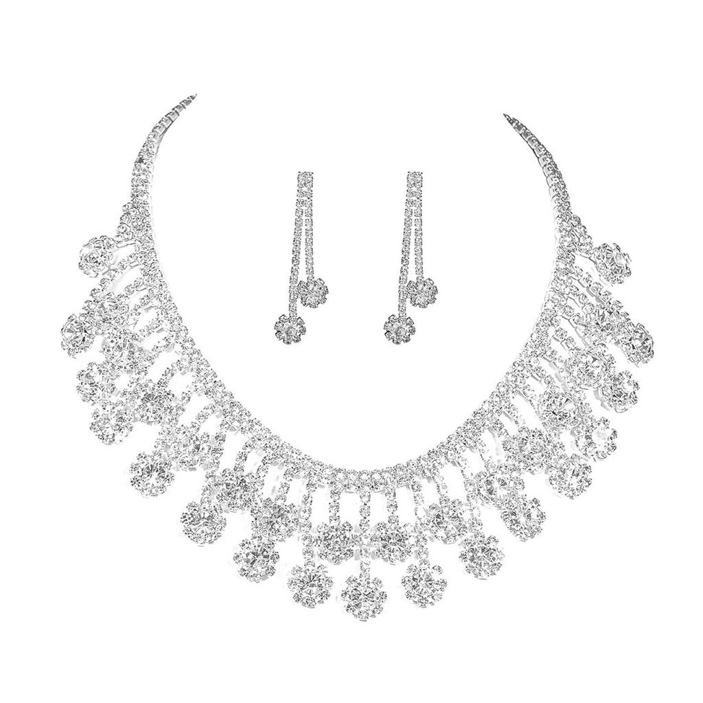 European and American Luxury Shiny Rhinestone Necklace Earrings Set, Fashion Trend Item Earrings Two-piece Set