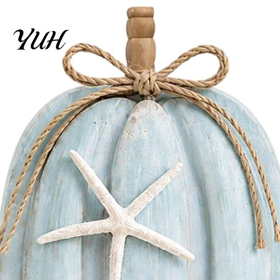 Beach Inspired Window Shelf Displays 2Pcs Coastal Pumpkin Decor, Blue Wood Sign, Fall Decorative Starfish Shell Coral Crafts Table Centerpiece