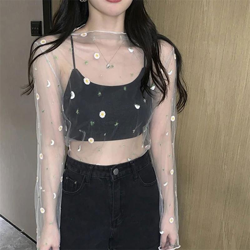 Women T Shirt See Through Transparent Mesh Tops Long Sleeve Sheer Turtleneck